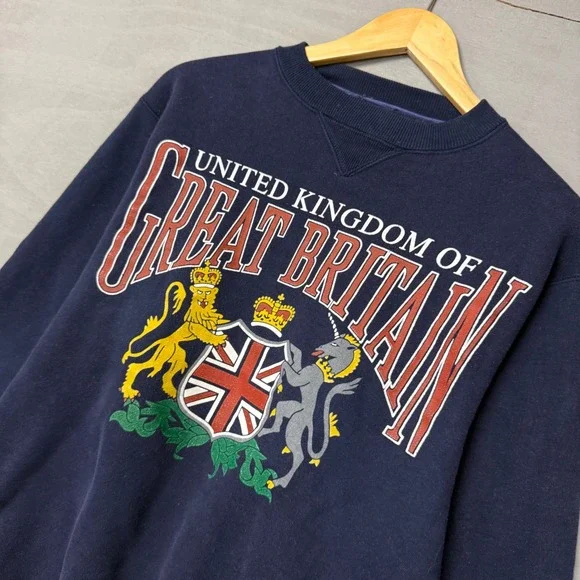 Vintage United Kingdom Sweatshirt Blue Great Britain Royal Crest 90s Medium - Picture 2 of 6